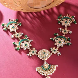 Zaveri Pearls Women Gold-Plated Green & White Kundan-Studded & Pearl Beaded Maatha Patti-7