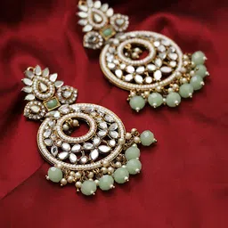 Jazz and Sizzle Gold-Plated stone Studded & Beadded Crescent Shaped Chandbalis Earrings-49