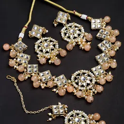 KARATCART Gold-Plated Gold-Toned Peach Toned Kundan Studded Choker Jewellery Set-22