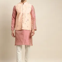 SOJANYA Men Pink Ethnic Motifs Woven Design Kurta & Churidar Comes With a Nehru Jacket-picture-15