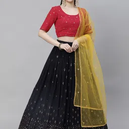 SHUBHKALA Navy Blue & Red Embroidered Sequinned Semi-Stitched Lehenga & Unstitched Blouse With Dupatta-19