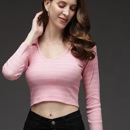 TANDUL Horizontal Stripes Shirt Collar Crop Top-image-39