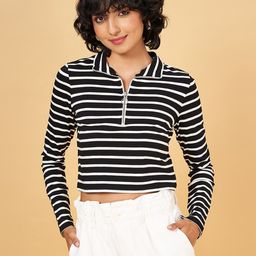 People Black Striped Shirt Collar Long Sleeves Crop Top-image-18