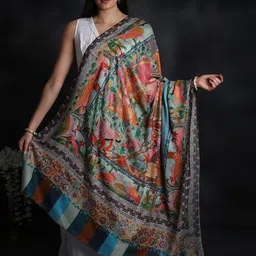 Exotic India Kashmiri Shawl with Kalamkari Hand-Embroidered Depicting Courtyard Garden-image-55