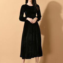Sangria Black Self Designed Fit & Flared Midi Velvet Dresses-picture-17