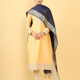 Soch Navy Blue & Gold-Toned Cotton Blend Checked Dupatta-32