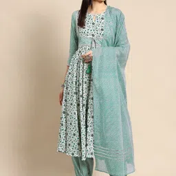 anayna Women Green Ethnic Motifs Printed Pure Cotton Kurta with Salwar & Dupatta-image-39