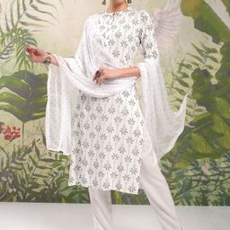 Vishudh Green Floral Printed Mandarin Collar Straight Kurta With Trousers & Dupatta-picture-40