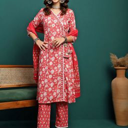 Sangria Floral Printed Pure Cotton V Neck Straight Kurta With Trousers & Dupatta-picture-18