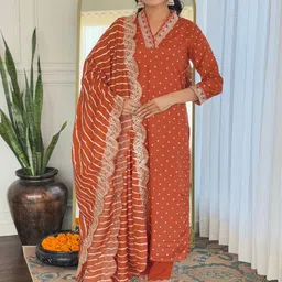 KALINI Bandhani Sequinned Printed Straight Kurta With Trouser And Dupatta-37