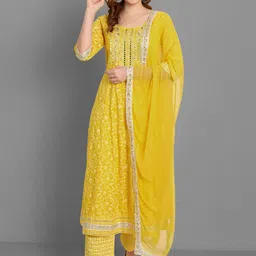 SINGNI Women Yellow Ethnic Motifs Empire Kurta with Palazzos & With Dupatta-image-96