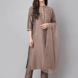 Janasya Women Embroidered Yoke Design Chinon Kurta with Pant & Dupatta-image-39