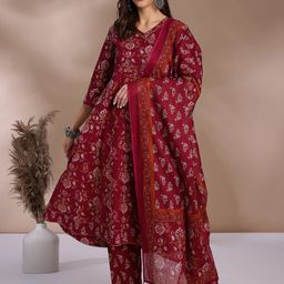 Anouk Maroon Printed Beaded Angrakha Anarkali Pure Cotton Kurta with Trousers & Dupatta-21