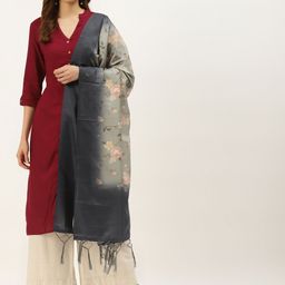 VAABA Grey & Blue Printed Dupatta-0