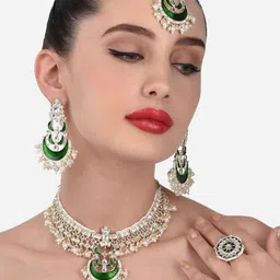 Zaveri Pearls Gold-Plated White & Green Kundan-Studded & Beaded Enamelled Jewellery Set-image-31