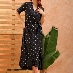 Freehand by The Indian Garage Co Black  White Polka Dots Printed Fit  Flare Midi Dress-image-65