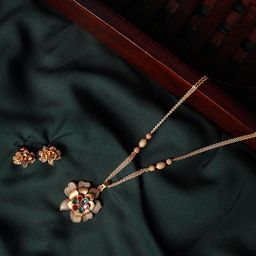 Jazz and Sizzle Gold-Plated Maroon Red Stone-Studded & Beaded Floral Jewellery Set-image-3