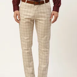 SOJANYA Men Grey & Beige Checked Smart Formal Trousers-image-87