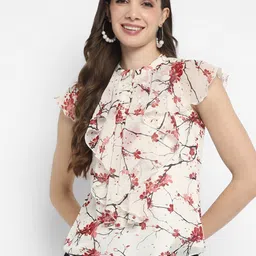 Taurus Floral Printed Mandarin Collar Flutter Sleeve Ruffled Georgette Top-picture-0