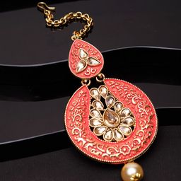 ANIKAS CREATION Gold-Plated & Coral Red Stone Studded Enameled Hand Painted Maang Tikka-image-30