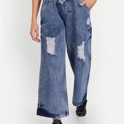 AngelFab Women Wide Leg High-Rise Mildly Distressed Heavy Fade Cotton Jeans-picture-23