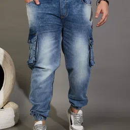 bigbanana Men Plus Size Blue Comfort Jogger Mildly Distressed Heavy Fade Stretchable Jeans-5