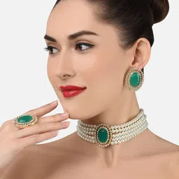 Zaveri Pearls Gold-Plated Green Kundan-Studded & Pearl Beaded Jewellery Set-picture-36