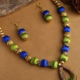 AKSHARA Girls Gold-Plated White & Green Stone-Studded & Beaded Silk Thread Jewellery Set-image-91