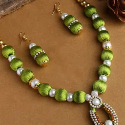 AKSHARA Girls Gold-Plated Green & White Stone-Studded & Beaded Silk Thread Jewellery Set-9