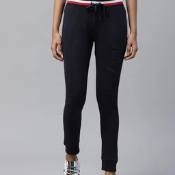 M7 by Metronaut Women Navy Blue Solid Slim Fit Joggers with Brand Logo Print Detail-picture-15