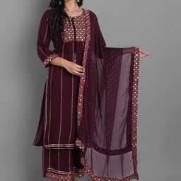 Ziva Fashion Women Maroon Ethnic Motifs Embroidered Panelled Kurta with Palazzo & Dupatta-picture-36