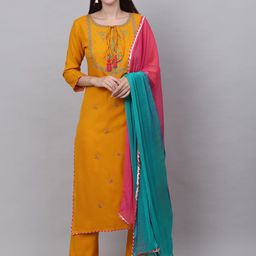 Kamayra Women Floral Embroidered Yoke Design Kurta With Trouser And Dupatta-picture-12