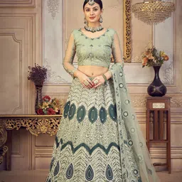 Warthy Ent Green & White Embroidered Semi-Stitched Lehenga & Unstitched Blouse & Dupatta-55