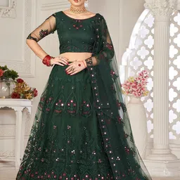 Warthy Ent Green & White Embroidered Thread Work Semi-Stitched Lehenga & Unstitched Blouse With Dupatta-50