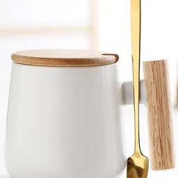 BonZeaL White & Gold-Toned 3D Ceramic Royal Classy Mug With Wood Lid Steel Spoon 385 ml-14