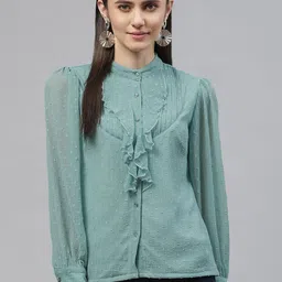 plusS Women Sea Green Mandarin Collar Ruffles Poly Georgette Top-picture-44