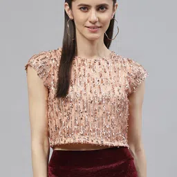 plusS Women Nude-Coloured Poly Georgette Sequined Crop Top-20