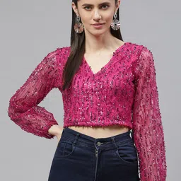plusS Women Fuchsia Poly Georgette Sequined Puff Sleeves Crop Top-50