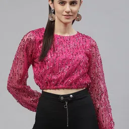 plusS Women Fuchsia Poly Georgette Sequinned Puff Sleeves Crop Top-picture-0