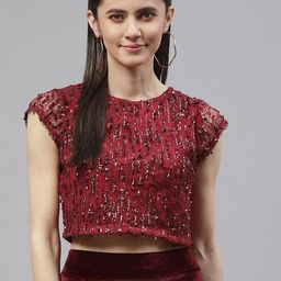 plusS Women Red Poly Georgette Sequined Crop Top-picture-12
