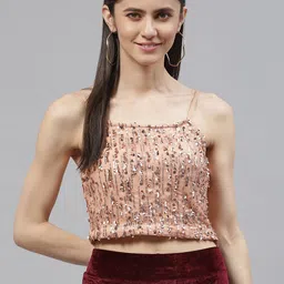 plusS Women Nude-Coloured Poly Georgette Sequined Crop Top-picture-35