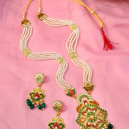 Crunchy Fashion Gold Plated White Kundan Studded & Green Beaded Meenakari Jewellery Set-image-68