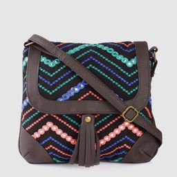 Anouk Black & Blue Chevron Embroidered Sling Bag with Tasselled & Mirror-Work Detail-8