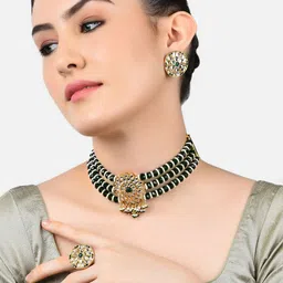 Zaveri Pearls Green & White-Toned & Gold-Plated Kundan-Studded Multistrand Jewellery Set-52