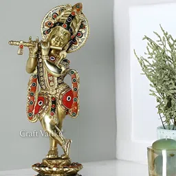Aura Gold-Toned & Red Brass Krishna Religious Idol Showpiece-30