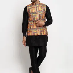 Benstoke Men Black Ethnic Motifs Kurta with Pyjamas with Nehru Jacket-image-94