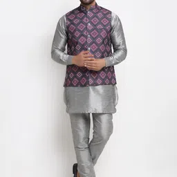 Benstoke Men Grey Kurta with Pyjamas & Nehru jacket Set-picture-7