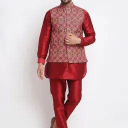 Benstoke Men Maroon Printed Kurta with Nehru Jacket And  Pyjamas-picture-6