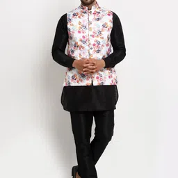 Benstoke Men Black Kurta Pyjamas with Printed Nehru Jacket-image-48