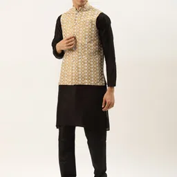 SOJANYA Men Black Thread Work Kurta with Churidar & Nehru Jacket-picture-41